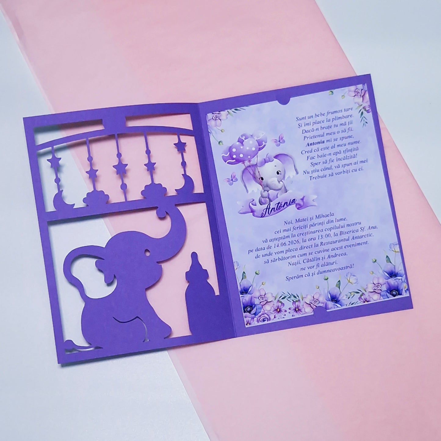 Invitatie Botez Fetite Elefantel Decupat