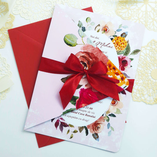 Invitatie Nunta Eleganta Flori - Fundita Rosie