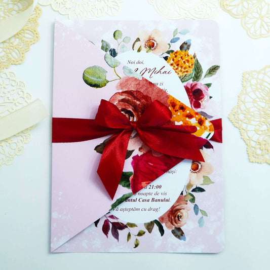 Invitatie Nunta Eleganta Flori - Fundita Rosie