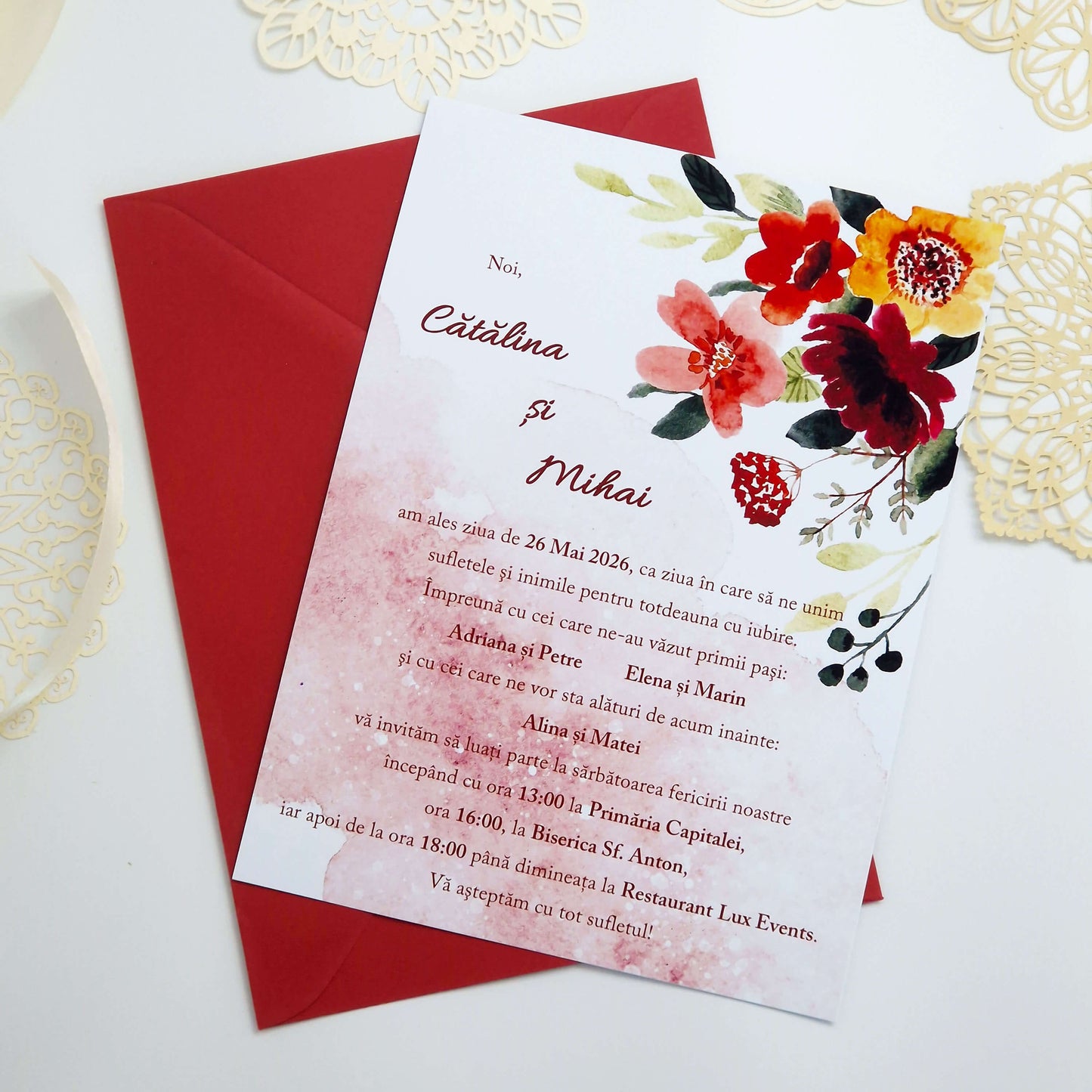 Invitatie Nunta Flori Rosii si Fundal Acuarela