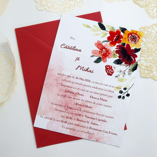 Invitatie Nunta Flori Rosii si Fundal Acuarela