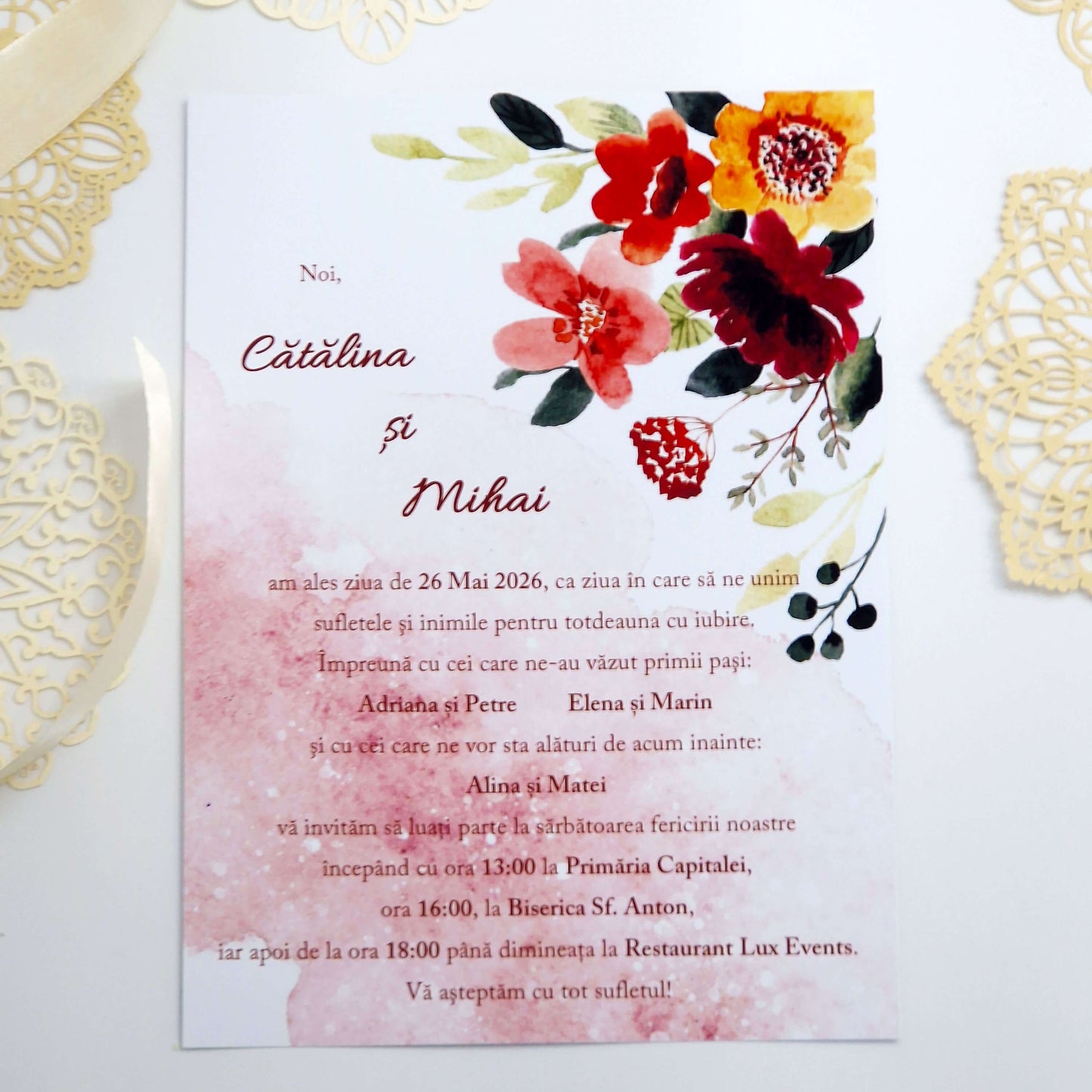 Invitatie Nunta Flori Rosii si Fundal Acuarela